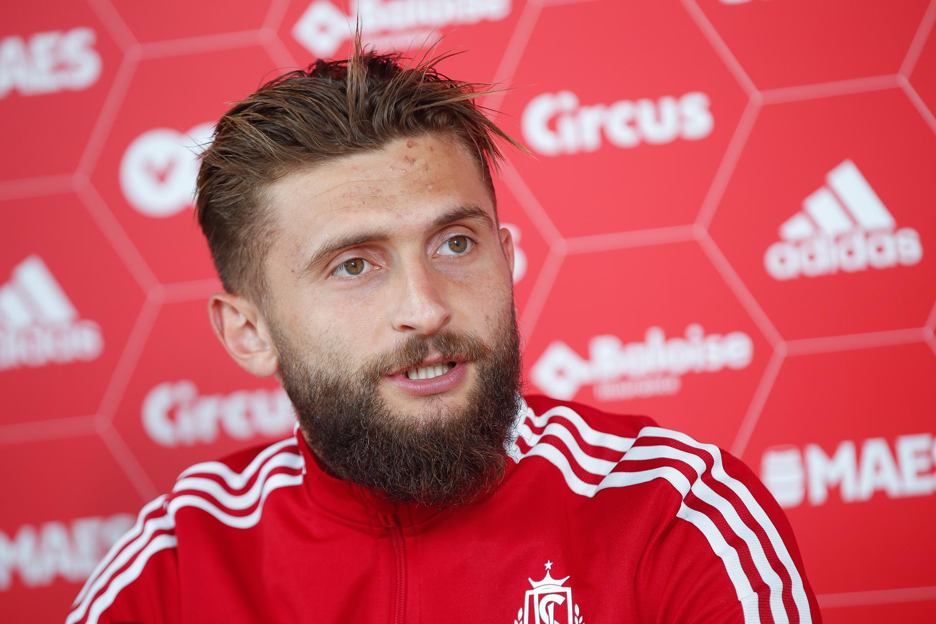 Standard's Nicolas Gavory pictured during a press conference on the next game of Belgian soccer team Standard de Liege, Friday 27 August 2021 in Liege. BELGA PHOTO BRUNO FAHY