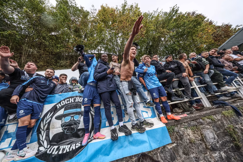 Rochefort's players celebrate after winning a soccer match between Union Rochefortoise (amateur 1st division) and KAA Gent, Sunday 18 October 2026 in Rochefort, in the 1/16 final of the Croky Cup Belgian cup competition. BELGA PHOTO BRUNO FAHY
