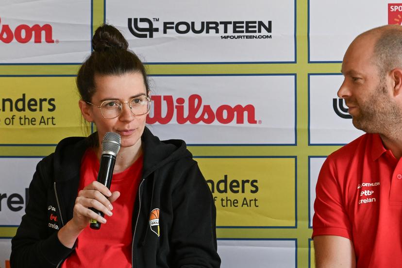 Belgian 3x3 ladies coach Nele Poffyn is pictured at the latest press conference regarding the 3x3 European Basketball Championship in Antwerp (Sept. 11-13), on Wednesday 26 August 2026 in Antwerp. BELGA PHOTO JONAS ROOSENS