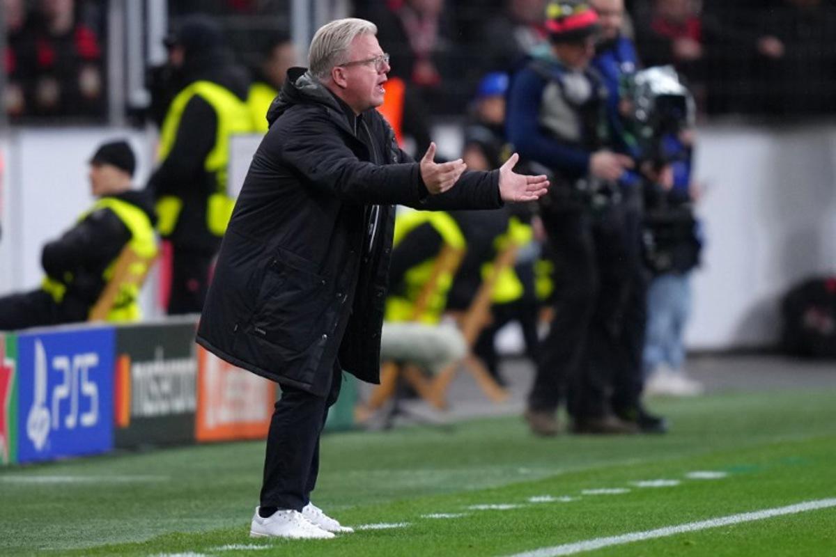 Sparta Praha's Danish head coach Lars Friis reacts during the UEFA Champions League football match between Bayer 04 Leverkusen and Sparta Prague in Leverkusen, western Germany on January 29, 2025. Pau BARRENA / AFP