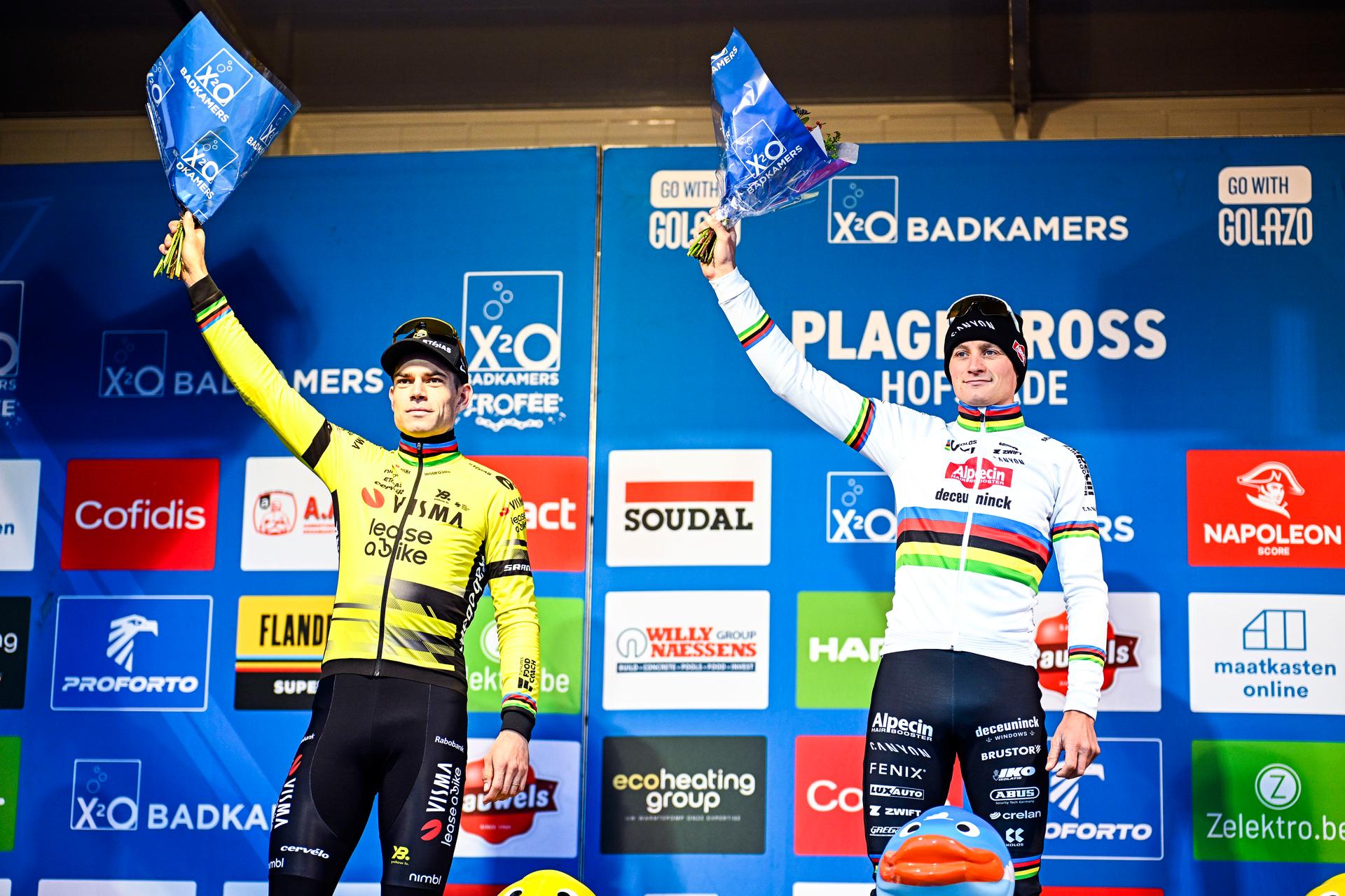 Belgian Wout van Aert and Dutch Mathieu Van Der Poel pictured on the podium after the men elite race of the 'Plage Cross' cyclocross cycling event in Hofstade, stage 4/8 in the 'X20 Badkamers Trofee' competition, Monday 22 December 2025. BELGA PHOTO JASPER JACOBS