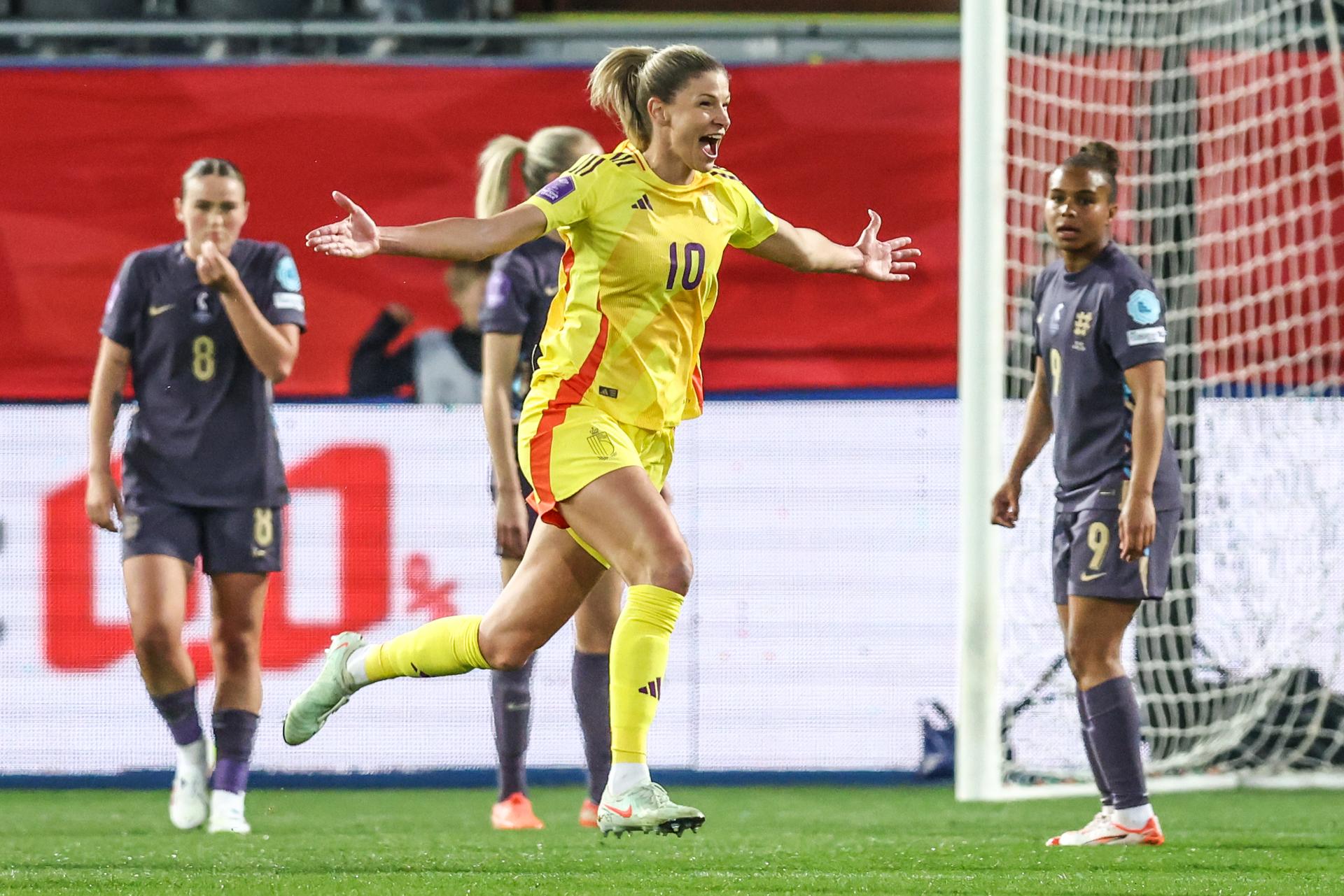 Belgium's Justine Vanhaevermaet celebrates after scoring during a soccer game between the national teams of Belgium (Red Flames) and England, on the fourth matchday in group A3 of the 2024-25 Women's Nations League competition, on Tuesday 08 April 2025 in Heverlee, Leuven. BELGA PHOTO BRUNO FAHY