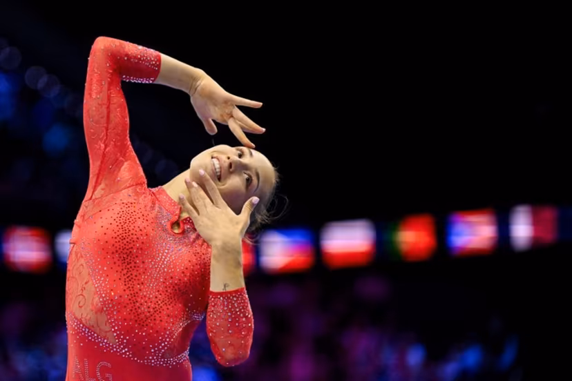 Algeria's Kaylia Nemour competes on the Floor Exercise in the Women's Individual All-Around Final during the 54th FIG Artistic Gymnastics World Championships, in Rotterdam, southern Netherlands, on October 23, 2026. JOHN THYS / AFP