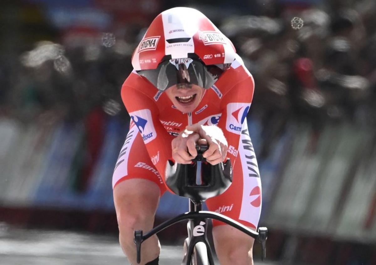Team Visma-Lease a bike's Danish rider Jonas Vingegaard crosses the finish line of the 18th stage of the Vuelta a Espana, a 26 km race against the clock between Valladolid and Valladolid, on September 11, 2025. Miguel RIOPA / AFP