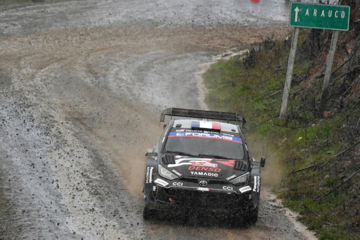 French driver Sebastien Ogier and co-driver Vincent Landais compete in their Toyota GR Yaris Rally1 during the second day of the WRC Rally Chile Bio Bio in Concepcion, Chile, on September 13, 2025. GUILLERMO SALGADO / AFP