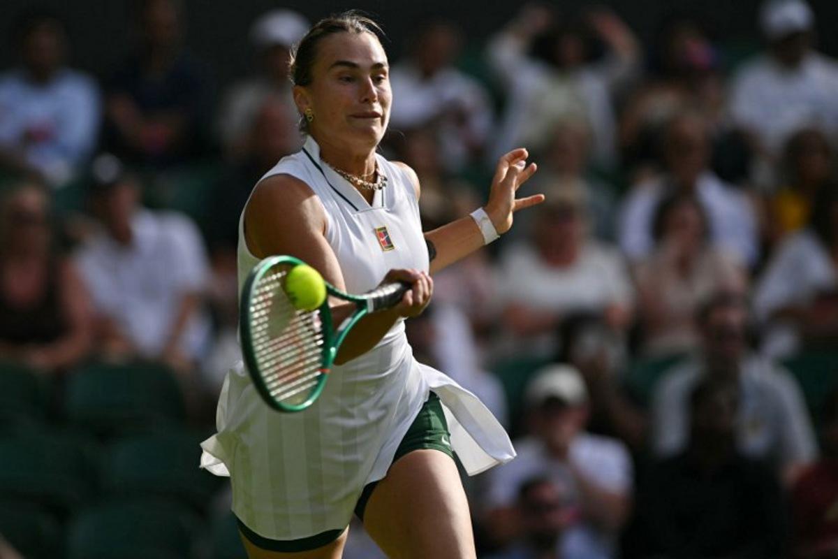 Belarus's Aryna Sabalenka returns the ball to Serbia's Teodora Kostovic during their women's singles first round tennis match on the first day of the 2026 Wimbledon Championships at The All England Lawn Tennis and Croquet Club in Wimbledon, southwest London, on June 29, 2026. Glyn KIRK / AFP