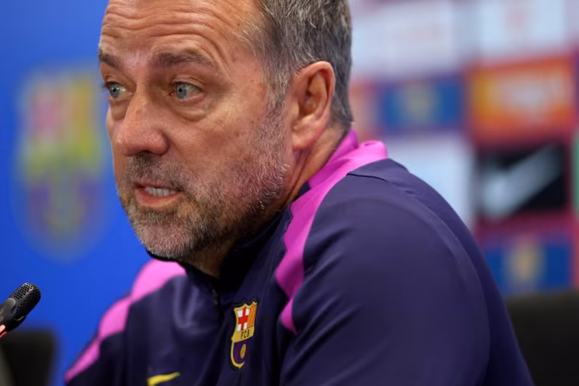 Barcelona's German coach Hans-Dieter Flick gives a press conference on the eve of the Spanish league football match between FC Barcelona and Real Madrid CF at Camp Nou Stadium in Barcelona on May 9, 2026. Lluis GENE / AFP