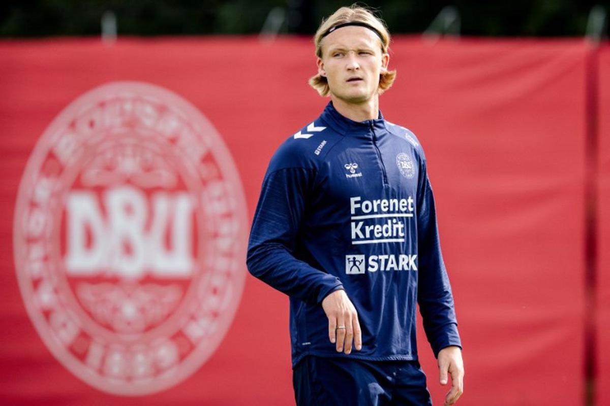 Denmark's forward Kasper Dolberg looks on during a training session in Helsingoer on September 1, 2025 ahead of the team's upcoming 2026 FIFA World Cup qualifying matches Denmark vs Scotland on September 5 and Greece vs Denmark on September 8. Mads Claus Rasmussen / Ritzau Scanpix / AFP
