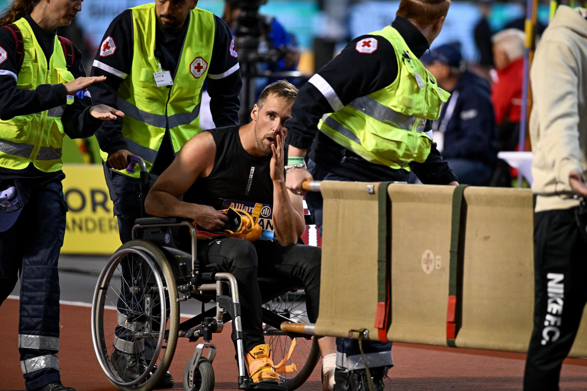 Belgian Timothy Herman is injured an leaves the the 50th edition of the Memorial Van Damme Diamond League athletics event in Brussels, Saturday 5 September 2026. BELGA PHOTO ELIAS ROM