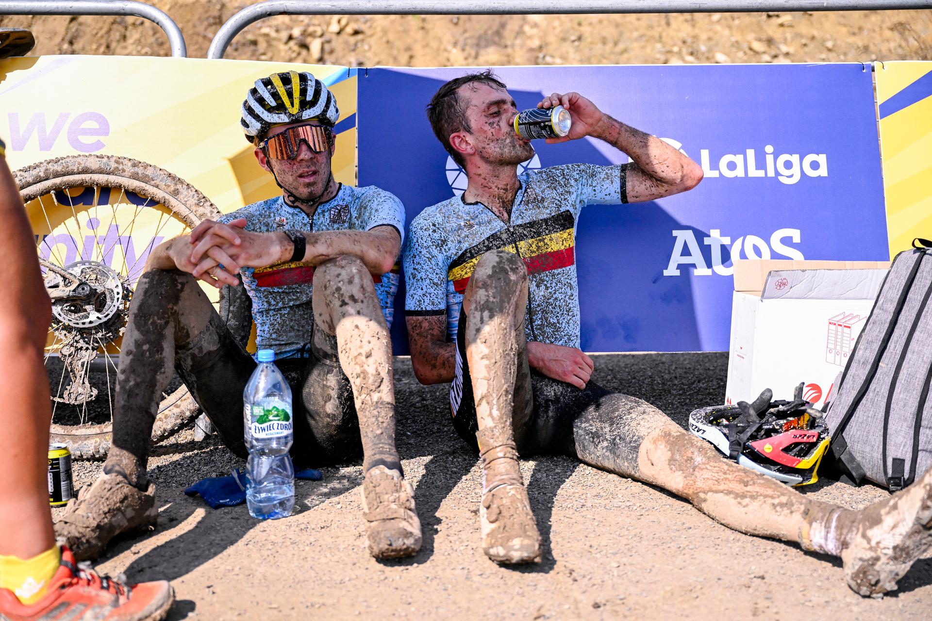 Mountain Biker Jens Schuermans and Mountain Biker Pierre de Froidmont look exhausted after the men cross-country event in the Cycling Mountain Bike competition at the European Games in Krakow, Poland on Sunday 25 June 2023. The 3rd European Games, informally known as Krakow-Malopolska 2023, is a scheduled international sporting event that will be held from 21 June to 02 July 2023 in Krakow and Malopolska, Poland. BELGA PHOTO LAURIE DIEFFEMBACQ
