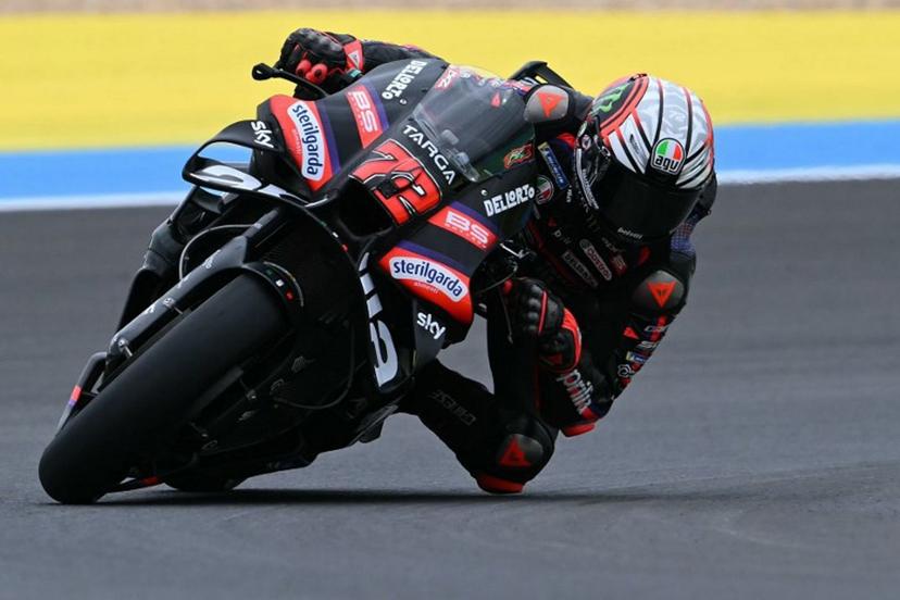 Aprilia Racing's Italian rider Marco Bezzecchi competes during the MotoGP practice session of the Grand Prix of Brazil at the Ayrton Senna International racetrack in Goiania, state of Goias, Brazil, on March 20, 2026. EVARISTO SA / AFP