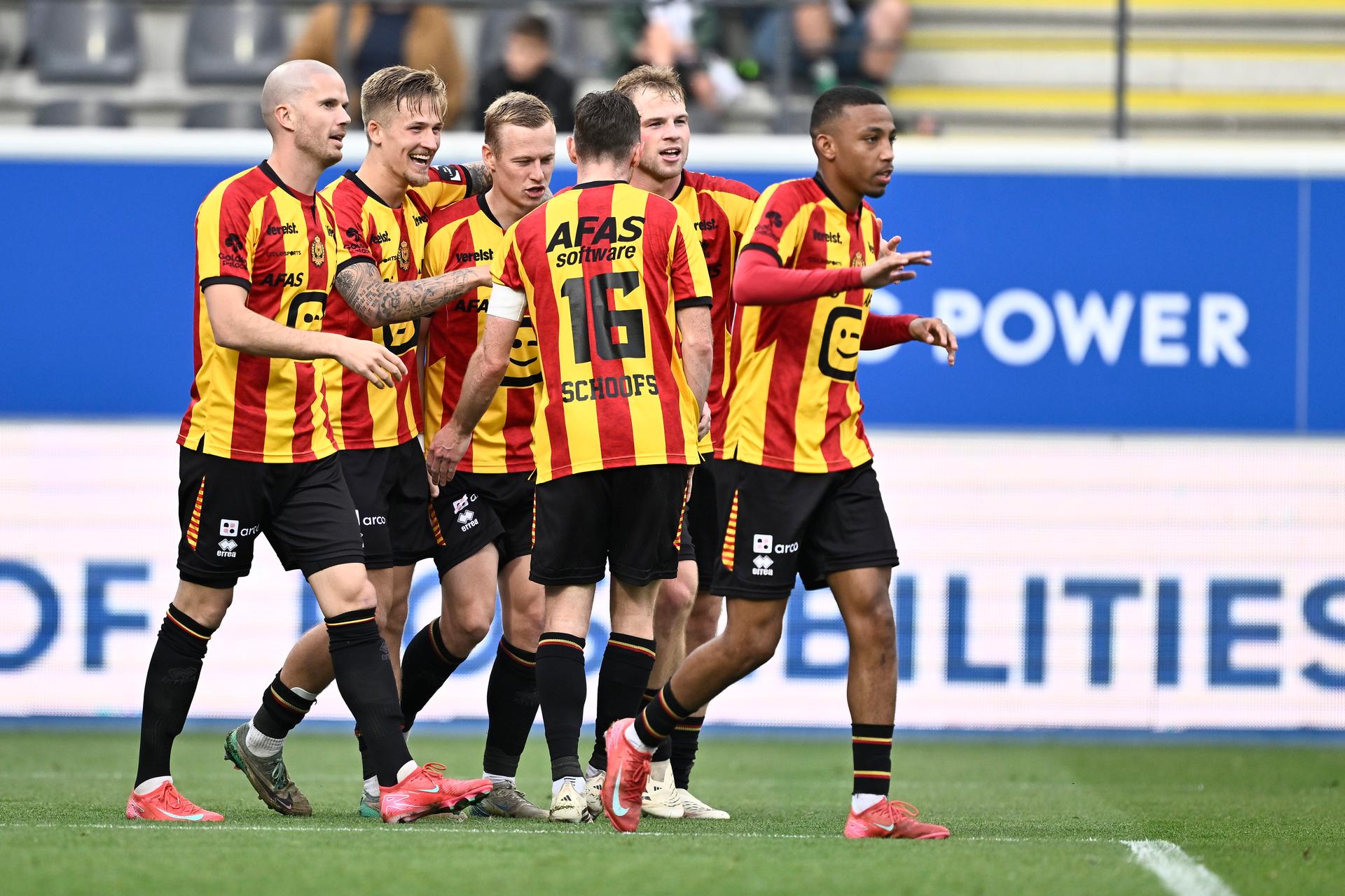 Mechelen's Nikola Storm celebrates after scoring during a soccer match between Oud-Heverlee Leuven and KV Mechelen, Saturday 03 May 2025 in Heverlee, on day 7 (out of 10) of the Europe Play-offs of the 2024-2025 'Jupiler Pro League' first division of the Belgian championship. BELGA PHOTO JOHAN EYCKENS