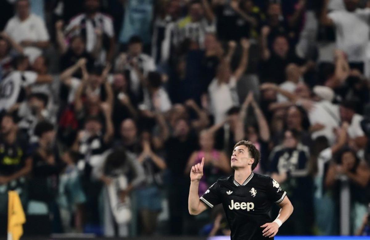 Juventus' Turkish forward #10 Kenan Yildiz celebrates after scoring during the UEFA Champions League first round day 1 football match between Juventus and Borussia Dortmund at the Allianz stadium in Turin, northern Italy, on September 16, 2025. Marco BERTORELLO / AFP