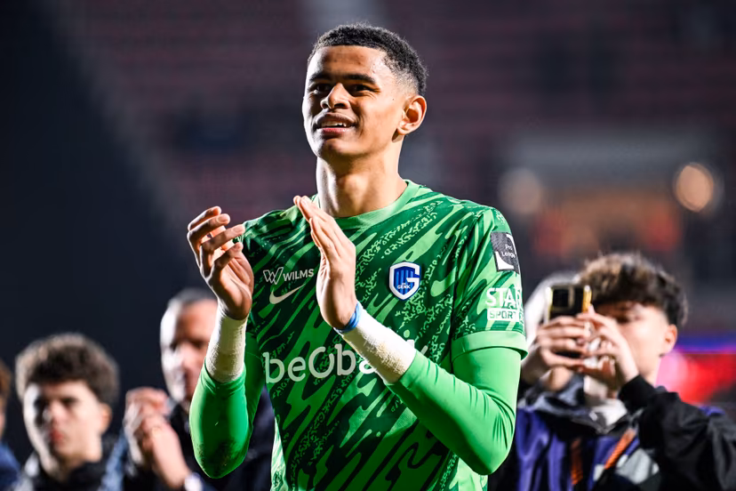 Genk's goalkeeper Lucca Brughmans celebrates after winning a soccer match between Royal Antwerp FC and KRC Genk, Friday 03 April 2026 in Antwerp, on the first day of the Europe Play-offs (PO 2) of the 2025-2026 'Jupiler Pro League' first division of the Belgian championship. BELGA PHOTO TOM GOYVAERTS