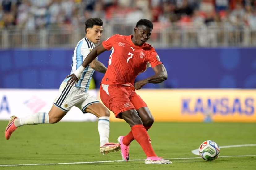 Switzerland's forward #07 Breel Embolo controls the ball during the 2026 World Cup football tournament quarter-final match between Argentina and Switzerland at the Kansas City Stadium in Kansas City on July 11, 2026. JUAN MABROMATA / AFP