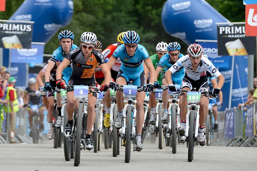 20120707 - SANKT-VITH, BELGIUM: Illustration shows the start of the third stage of the Belgacom Belgian MTB Grand Prix, in Sankt-Vith, Saturday 07 July 2012. BELGA PHOTO NICOLAS LAMBERT