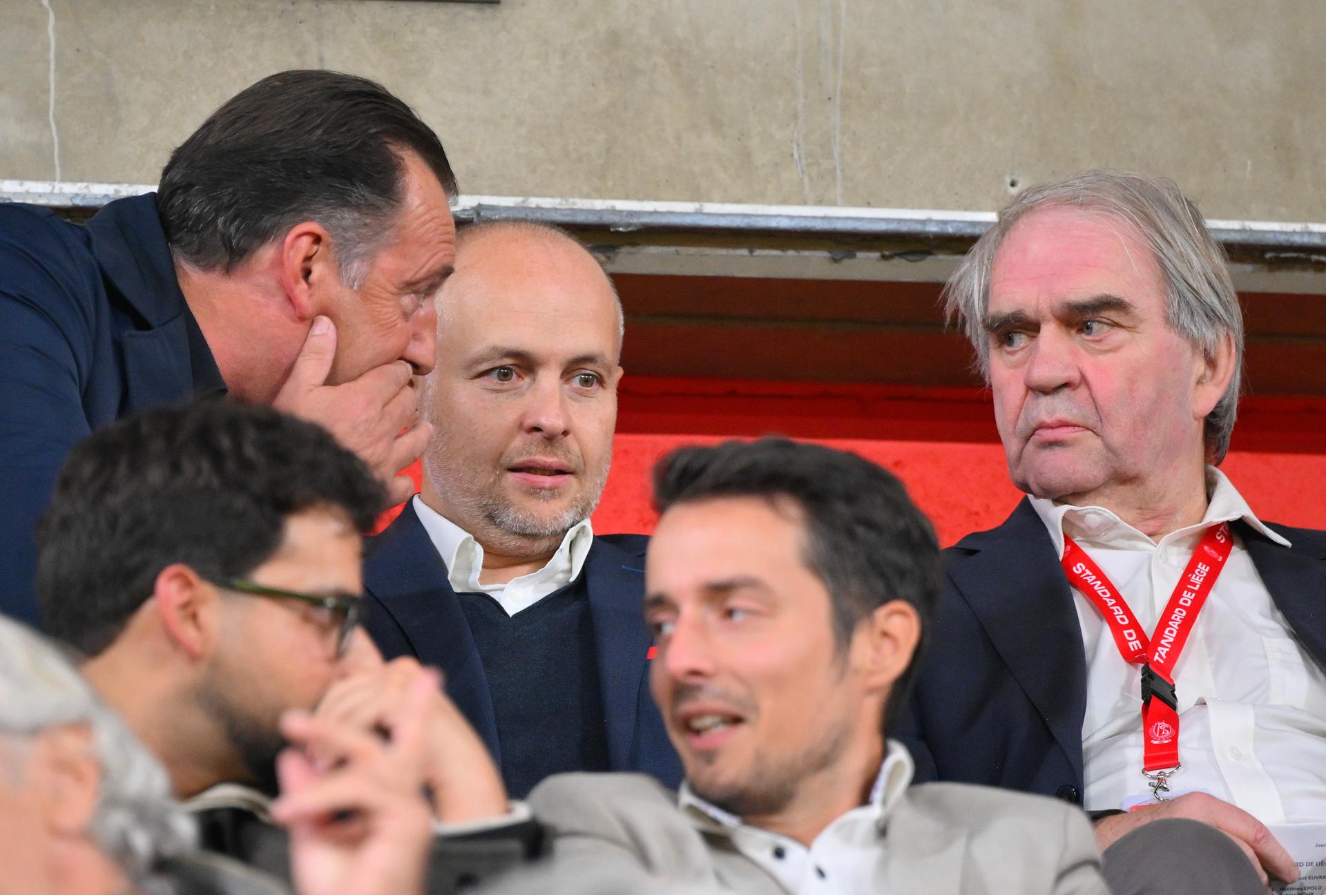 Standard's sport director Marc Wilmots, Ceo Standard's Giacomo Angelini and General manager Pierre Francois pictured during a soccer match between Standard de Liege and KV Mechelen, Friday 12 September 2025 in Liege, on day 7 of the 2025-2026 'Jupiler Pro League' first division of the Belgian championship. BELGA PHOTO JOHN THYS
