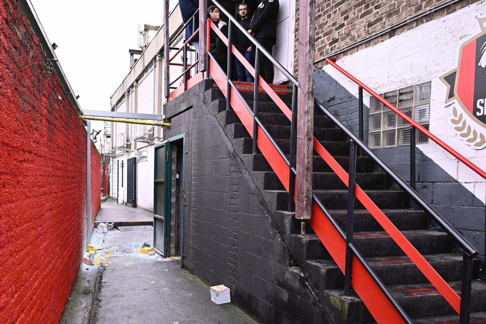 Picture showing the damage caused by the fire in a technical room at the Stade de Seraing, leading to the cancellation of the soccer game between RFC Seraing and KV Kortrijk, Saturday 21 February 2026 in Seraing, on day 26 (out of 30) of the 2025-2026 'Challenger Pro League' 1B second division of the Belgian championship. BELGA PHOTO JOHAN EYCKENS