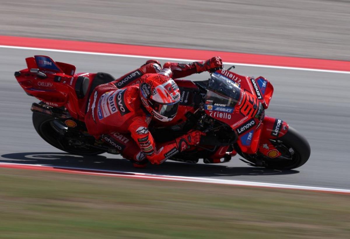 Ducati Lenovo Team's Spanish MotoGP rider Marc Marquez steers his bike during the MotoGP Sprint Race of the Moto Grand Prix of Catalonia at the Circuit de Catalunya on September 6, 2024 in Montmelo on the outskirts of Barcelona. Lluis GENE / AFP