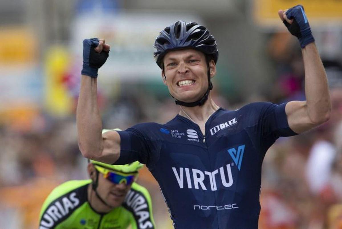 Stage winner Alexander Kamp of Team Virtu Cycling celebrates as he crosses the finish line at the end of the last stage of Tour of Norway on May 20, 2018 in Lillehammer, Norway. Geir OLSEN / NTB scanpix / AFP Norway OUT