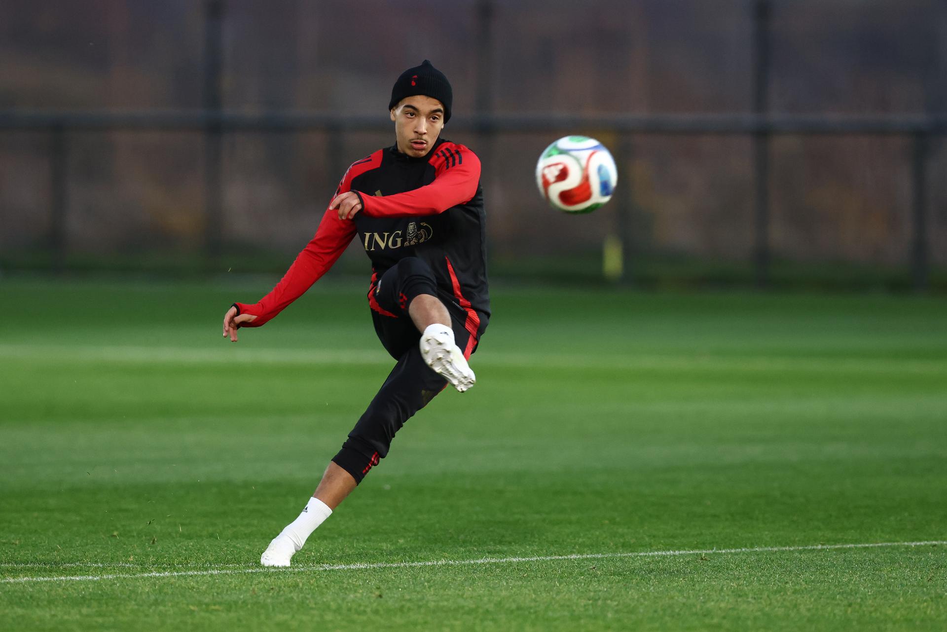 Rayane Bounida pictured during a training session of the Belgian national soccer team Red Devils U21 ahead of their Euro qualifying match against Austria, at the Royal Belgian Football Association's training center, in Tubize, Tuesday 11 November 2025. BELGA PHOTO BRUNO FAHY