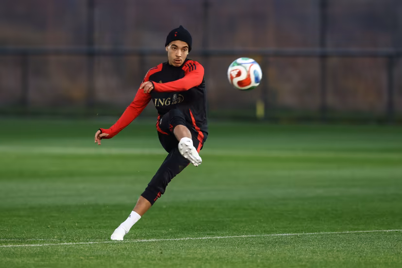 Rayane Bounida pictured during a training session of the Belgian national soccer team Red Devils U21 ahead of their Euro qualifying match against Austria, at the Royal Belgian Football Association's training center, in Tubize, Tuesday 11 November 2025. BELGA PHOTO BRUNO FAHY