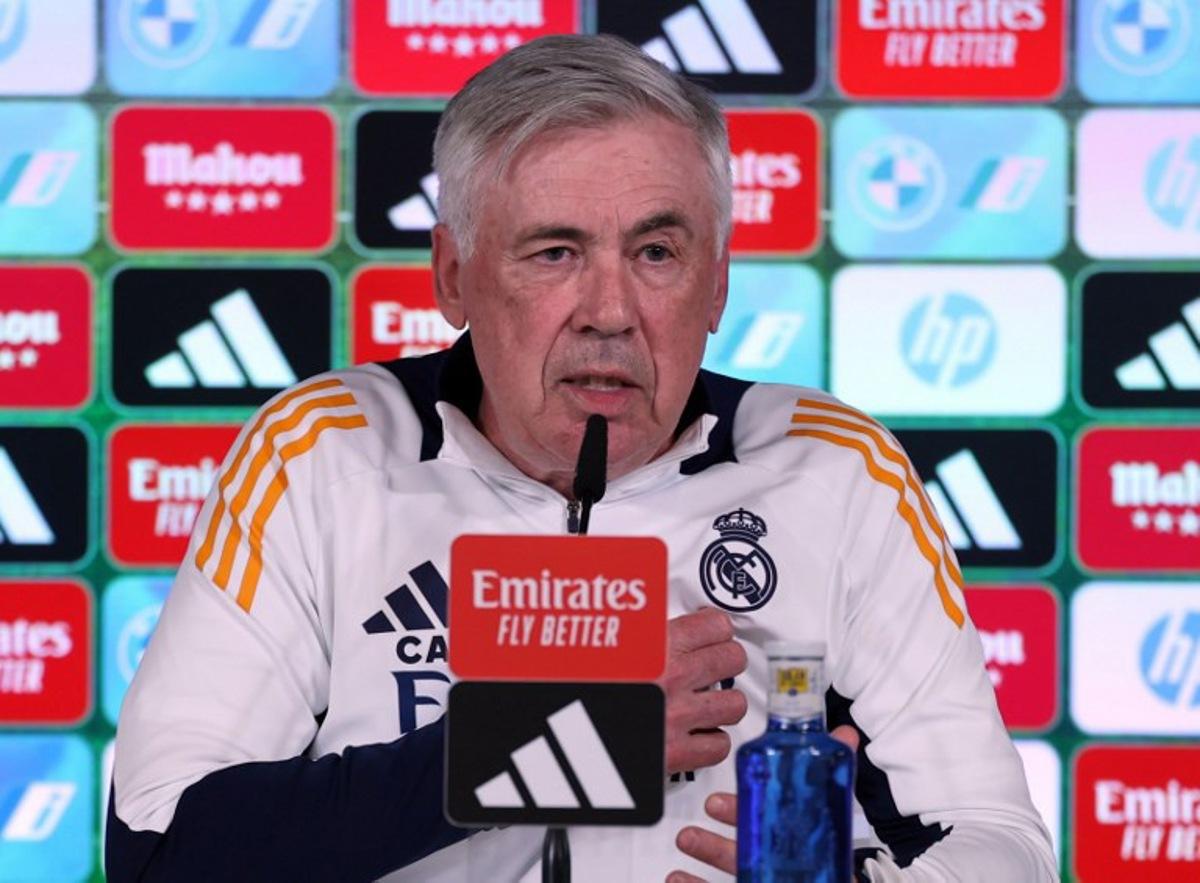 Real Madrid's Italian coach Carlo Ancelotti gives a press conference at Real Madrid Sports City in Valdebebas ahead of their Liga football match against Mallorca, in Madrid on May 13, 2025. Thomas COEX / AFP