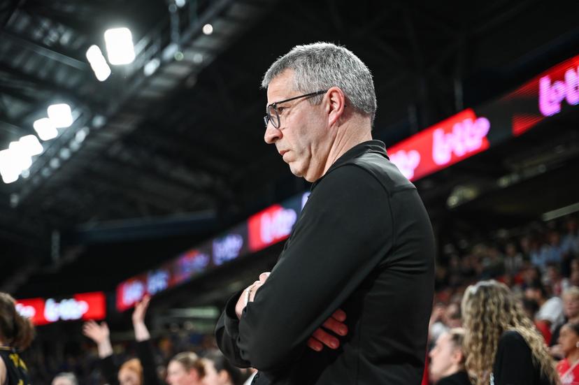 Namur's head coach Laurent Francois pictured during a basketball match between Royal Castors Braine and Basket Namur Capitale, Sunday 22 March 2026 in Charleroi, the final of the women's Belgian 2026 Basketball Cup. BELGA PHOTO ELIAS ROM