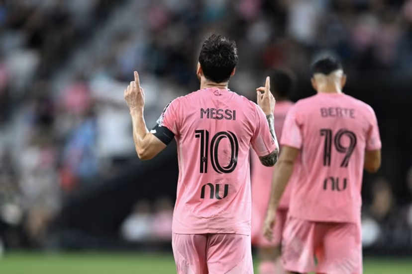 Inter Miami's Argentine forward #10 Lionel Messi celebrates after scoring his second goal during the Major League Soccer (MLS) regular season football match between Inter Miami CF and CF Montreal at Nu Stadium in Miami, Florida, on August 29, 2026. CHANDAN KHANNA / AFP