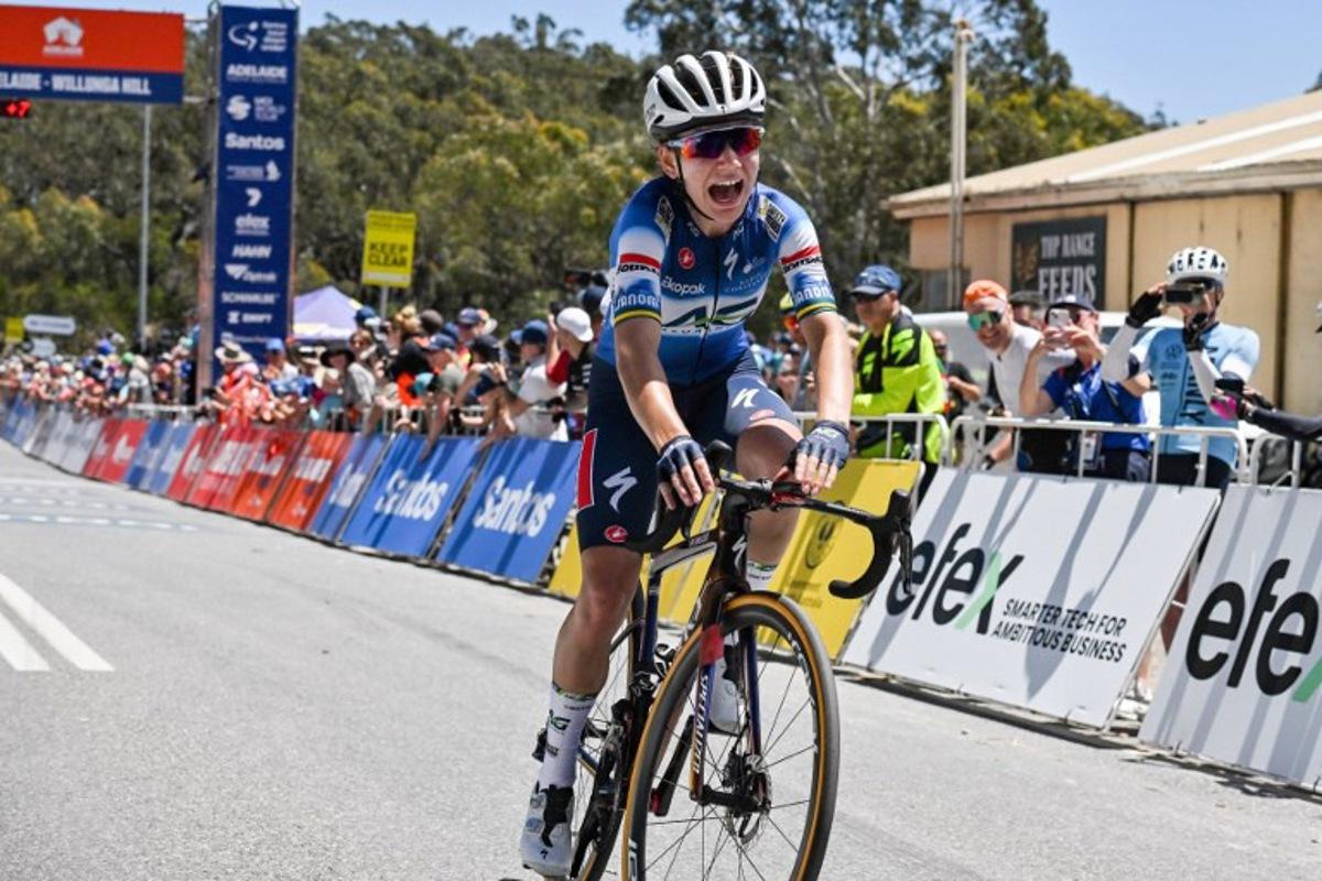 FDJ-SUEZ rider Sarah Gigante from Australia reacts as she wins the third stage of the Tour Down Under cycling race in Adelaide on January 14, 2024. Brenton EDWARDS / AFP