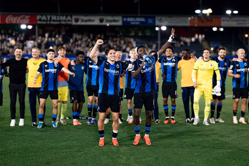 Club's Hugo Vetlesen and Club's Mamadou Diakhon celebrate after winning a soccer match between Oud-Heverlee Leuven and Club Brugge, Saturday 15 August 2026 in Leuven, on day 2 of the 2026-2027 'Jupiler Pro League' first division of the Belgian championship. BELGA PHOTO EMILE WINDAL