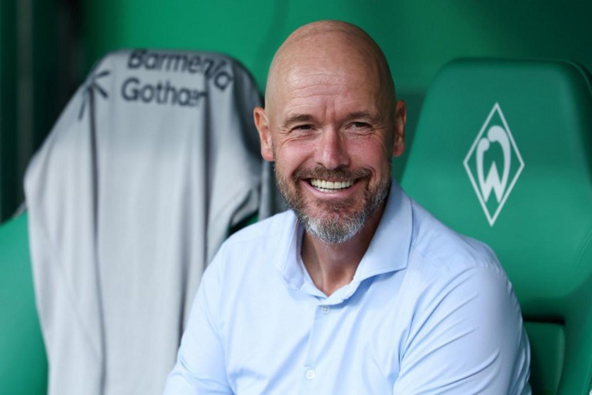 Bayer Leverkusen's Dutch head coach Erik ten Hag smiles ahead the German first division Bundesliga football match between Werder Bremen and Bayer Leverkusen in Bremen on August 30, 2025. Ibrahim OT / AFP