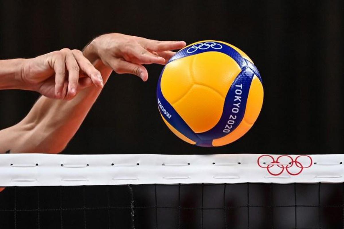 France's Nicolas le Goff hits the ball in the men's semi-final volleyball match between France and Argentina during the Tokyo 2020 Olympic Games at Ariake Arena in Tokyo on August 5, 2021. YURI CORTEZ / AFP