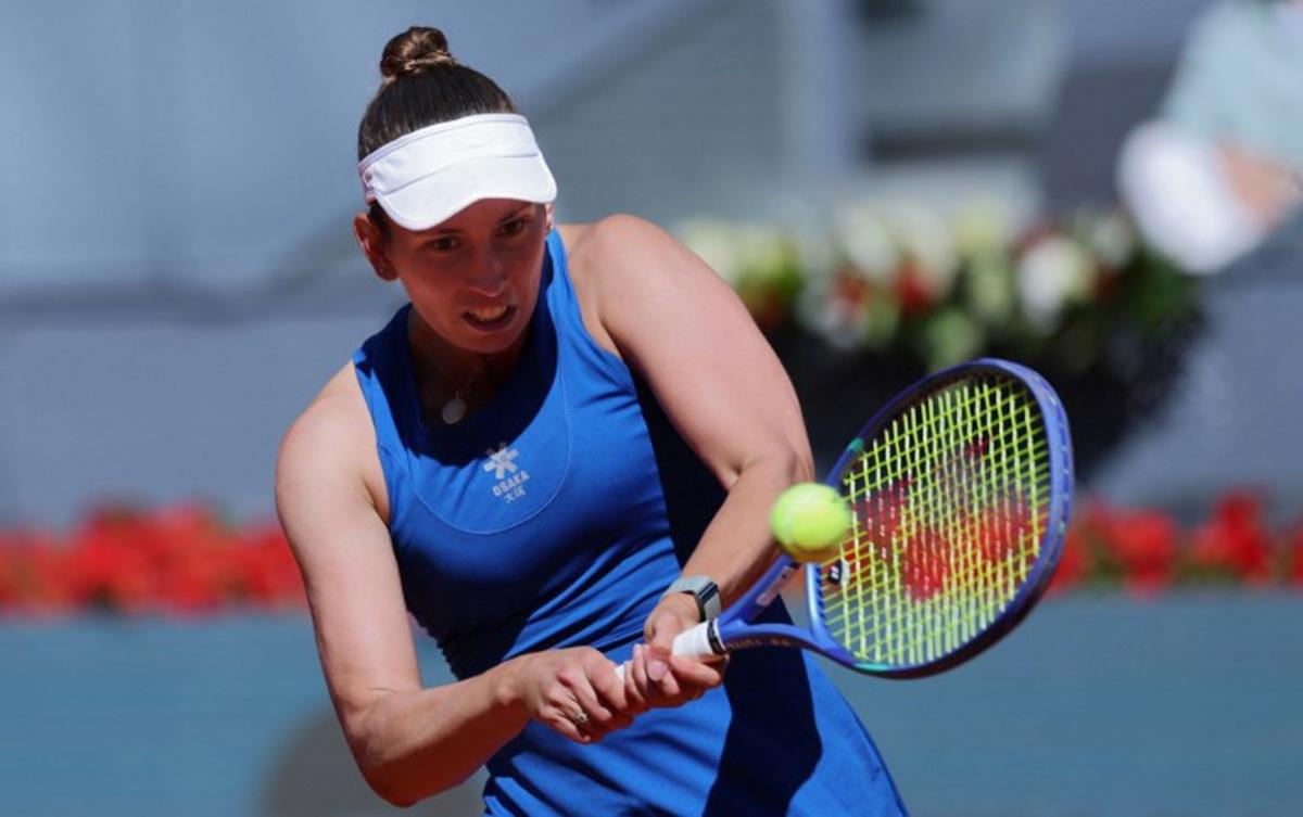 Belgium's Elise Mertens returns the ball to Belarus' Aryna Sabalenka during their 2025 WTA Tour Madrid Open tennis tournament third round singles match at the Caja Magica in Madrid, on April 27, 2025. Thomas COEX / AFP