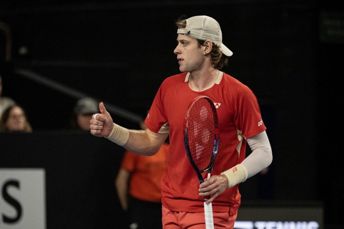 Belgian Zizou Bergs gestures during their semi-final simple tennis match against France's Ugo Humbert at the Marseille Open 13 ATP World Tour in Marseille, southern France on February 15, 2025. MIGUEL MEDINA / AFP
