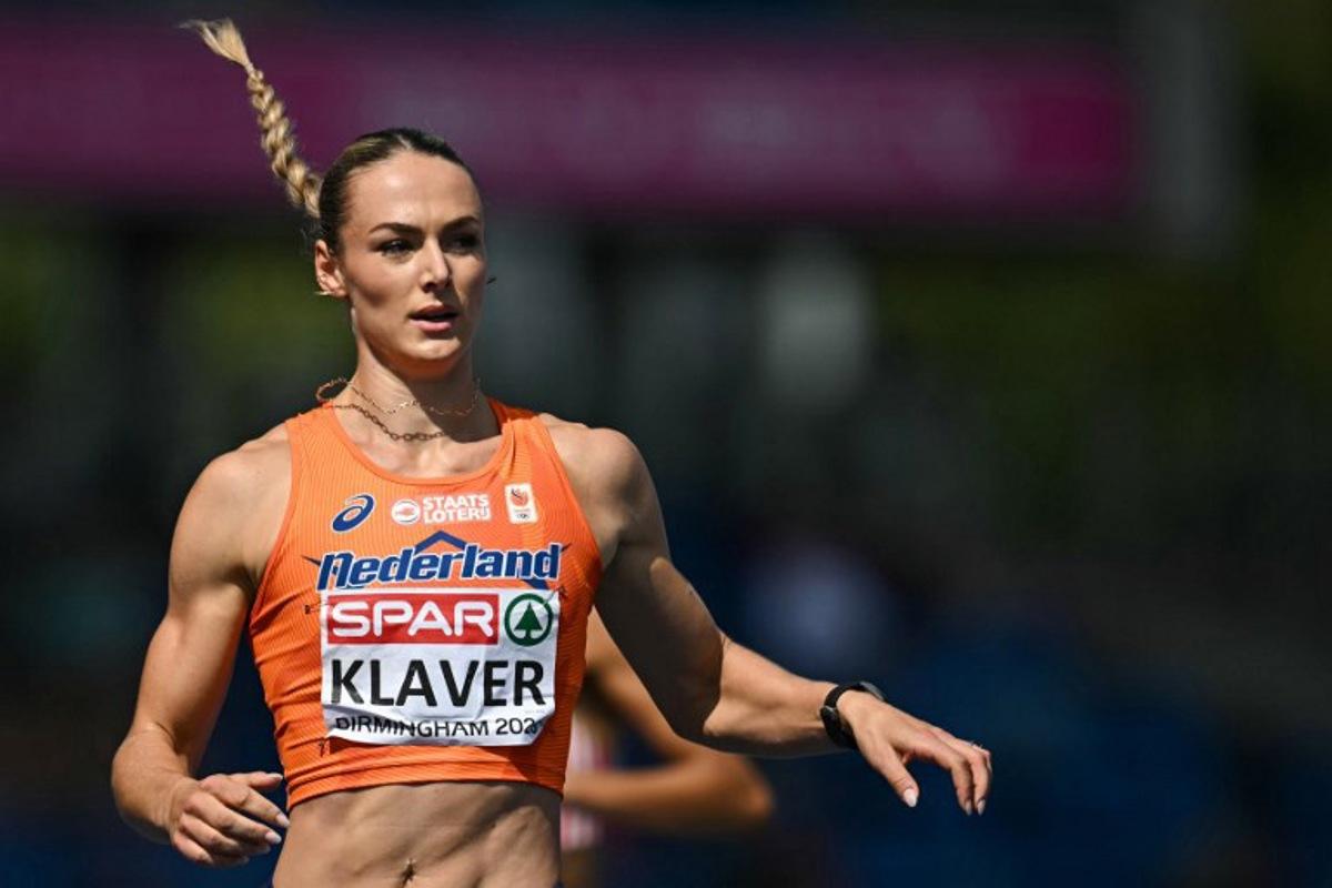 First-placed Netherlands' Lieke Klaver reacts as she crosses the finish line in the women's 400m semi-final 1 during the European Athletics Championships at Alexander Stadium in Birmingham on August 13, 2026. Paul ELLIS / AFP