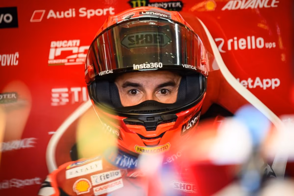 Ducati Lenovo Team's Spanish rider Marc Marquez looks on as he sits in the pits prior to the start of the first free practice session ahead of the Moto GP Grand Prix of France at Le Mans, northwestern France, on May 8, 2026. Loic VENANCE / AFP