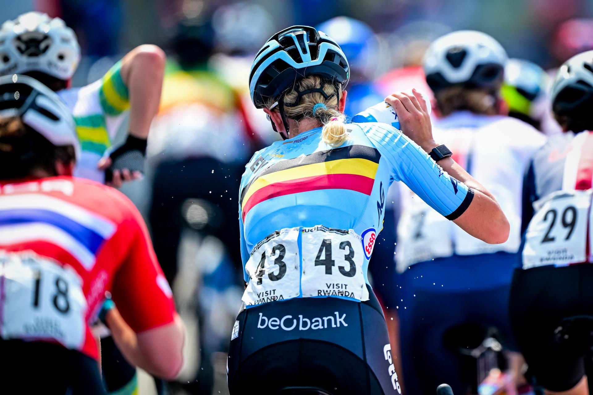 Belgian Laura Five pictured in action during the junior women road race (74 km) at the cycling road World Championships in Kigali, Rwanda, Saturday 27 September 2025. The 2025 UCI Road World Championships take place from 21 to 28 September in Kigali, Rwanda. BELGA PHOTO DIRK WAEM