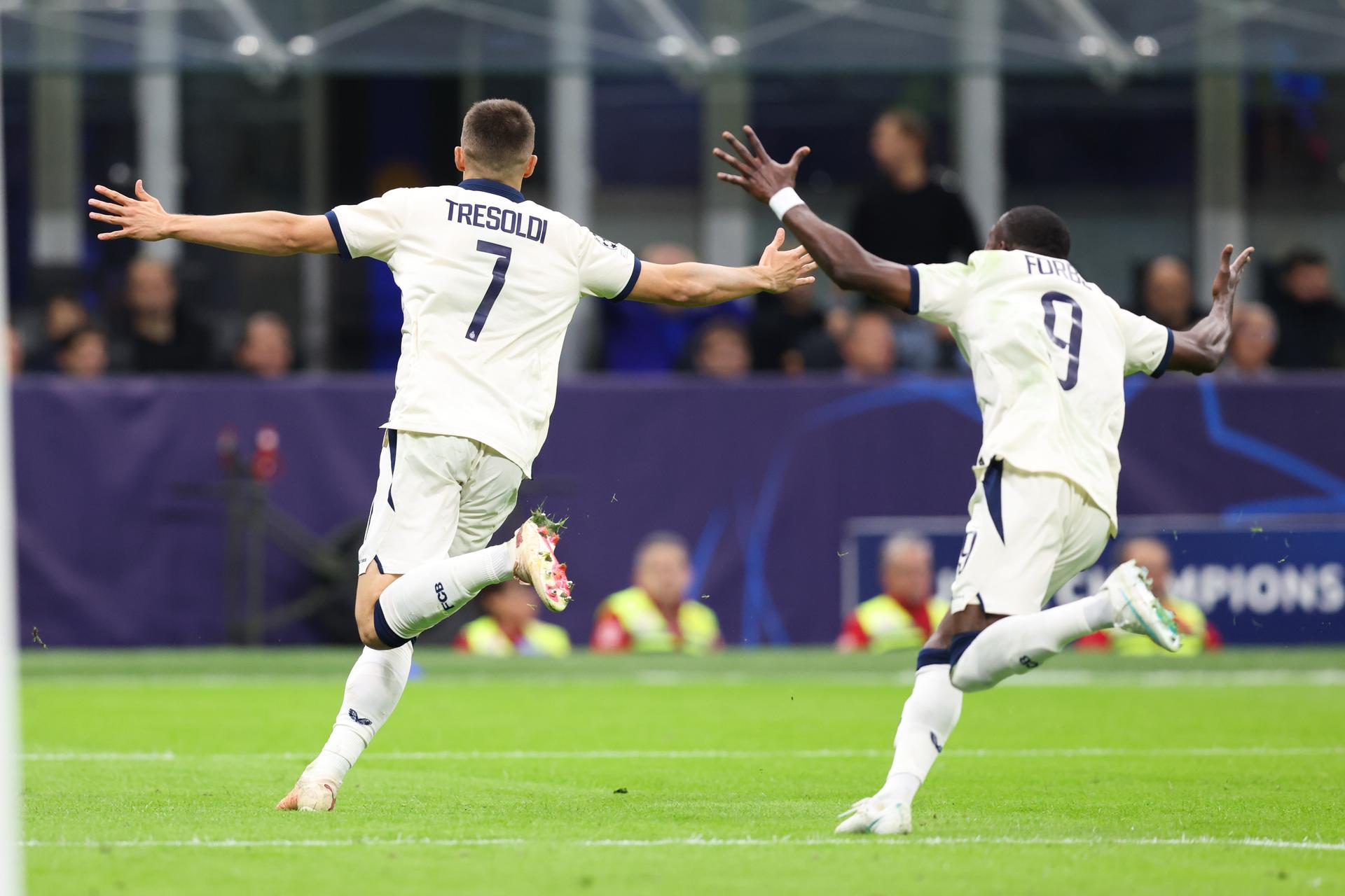 Club's Nicolo Tresoldi celebrates after scoring during a soccer game between Italian Inter Milan and Belgian Club Brugge KV, Tuesday 13 October 2026 in Milan, Italy, on day 2 of the UEFA Champions League league phase. BELGA PHOTO BRUNO FAHY