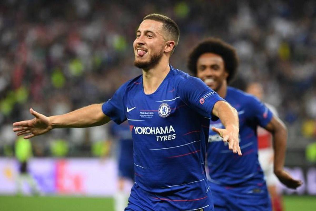 Chelsea's Belgian midfielder Eden Hazard celebrates after scoring a goal during the UEFA Europa League final football match between Chelsea FC and Arsenal FC at the Baku Olympic Stadium in Baku, Azerbaijian, on May 29, 2019. Kirill KUDRYAVTSEV / AFP