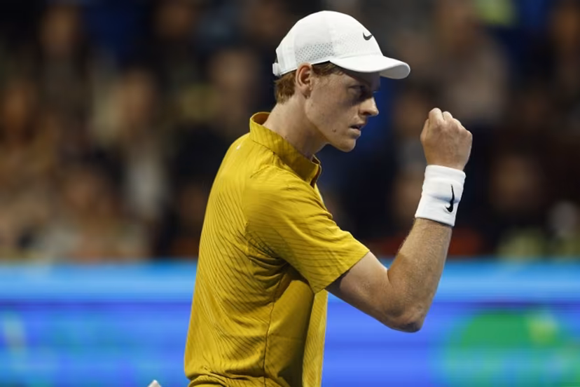 Italy's Jannik Sinner reacts during their men's singles quarterfinal match against Czech Republic's Jakub Mensik at the Qatar Open tennis tournament in Doha on February 19, 2026. Karim JAAFAR / AFP