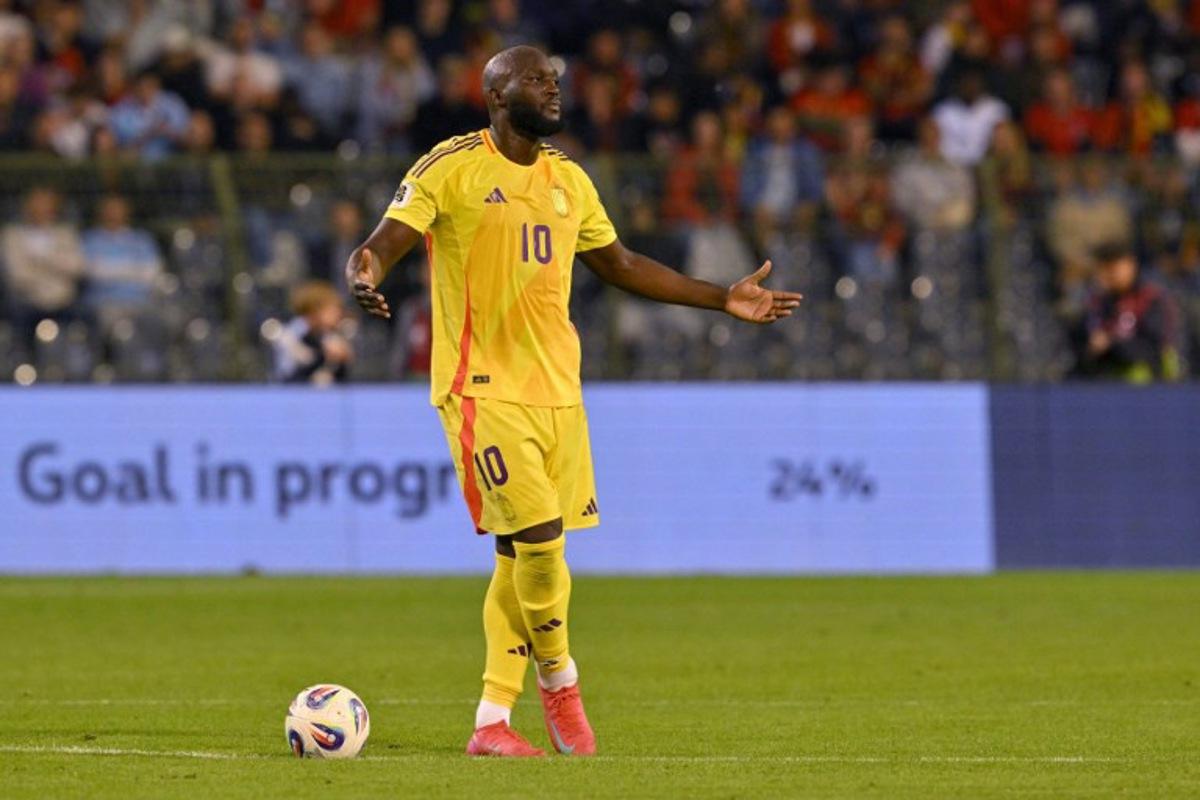 Belgium's forward #10 Romelu Lukaku reacts after a goal was ruled out by VAR during the FIFA World Cup 2026 Group J European qualification football match between Belgium and Wales at the King Baudouin Stadium in Brussels, on June 9, 2025. NICOLAS TUCAT / AFP