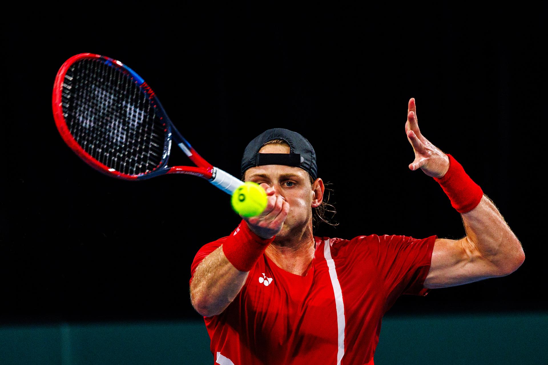 Belgian Zizou Bergs pictured in action duringa a tennis match between Belgian Bergs and Australian De Minaur, during the qualifier of the Davis Cup, Sunday 14 September 2025, in Sydney, Australia. Belgium and Australia will compete this weekend in the second round of the Davis Cup qualifiers. BELGA PHOTO PATRICK HAMILTON