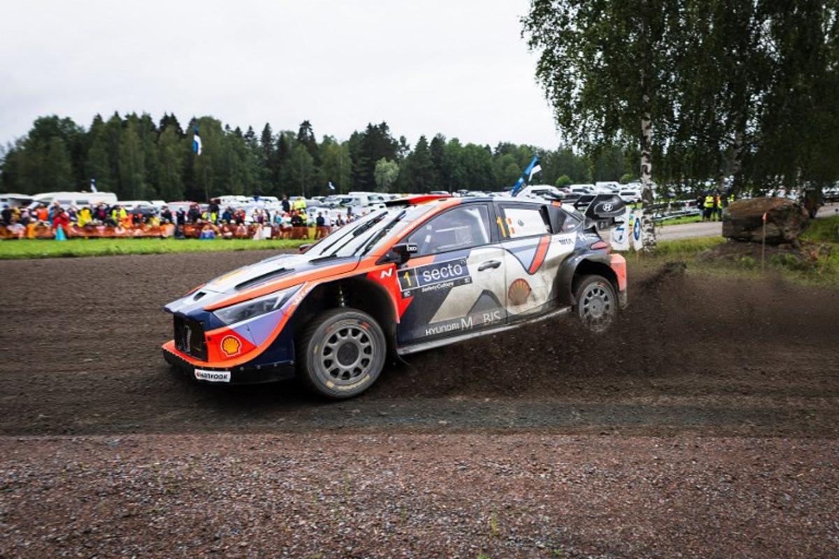 Belgian driver Thierry Neuville and co-driver Martijn Wydaeghe compete in their Hyundai i20 N Rally 1 car during the Västilä 1 special stage of the WRC Rally Finland in Jyvaskyla, Finland on August 2, 2025. Valtteri Vainio / Lehtikuva / AFP