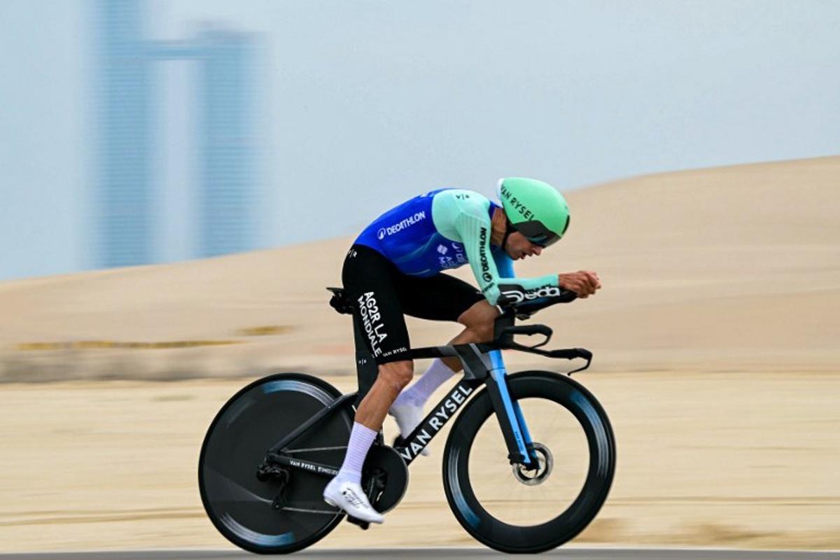 Decathlon AG2R La Mondiale's French rider Geoffrey Bouchard cycles during the second stage of the UAE Tour cycling race in al-Hudayriyat island in Abu Dhabi on February 18, 2025. Giuseppe CACACE / AFP