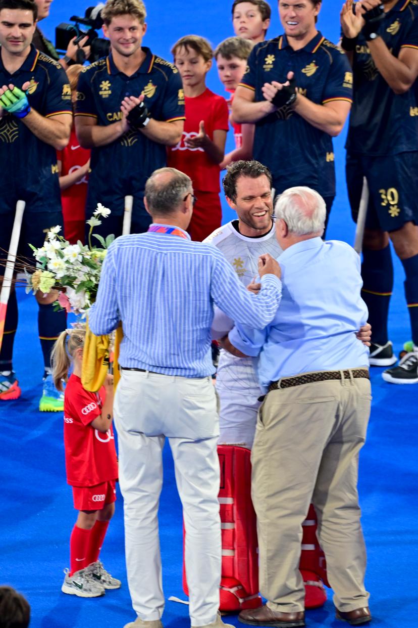 Belgium's goalkeeper Vincent Vanasch is honoured for is 300th cap ahead of a hockey game between Belgian Lions and Germany, the second (out of three) matches during the group stage of the men's 2026 Hockey World Cup, Monday 17 August 2026 in Wavre. The 2026 edition of the Hockey World Cup takes place in Belgium and The Netherlands from August 15 to August 30. BELGA PHOTO DIRK WAEM