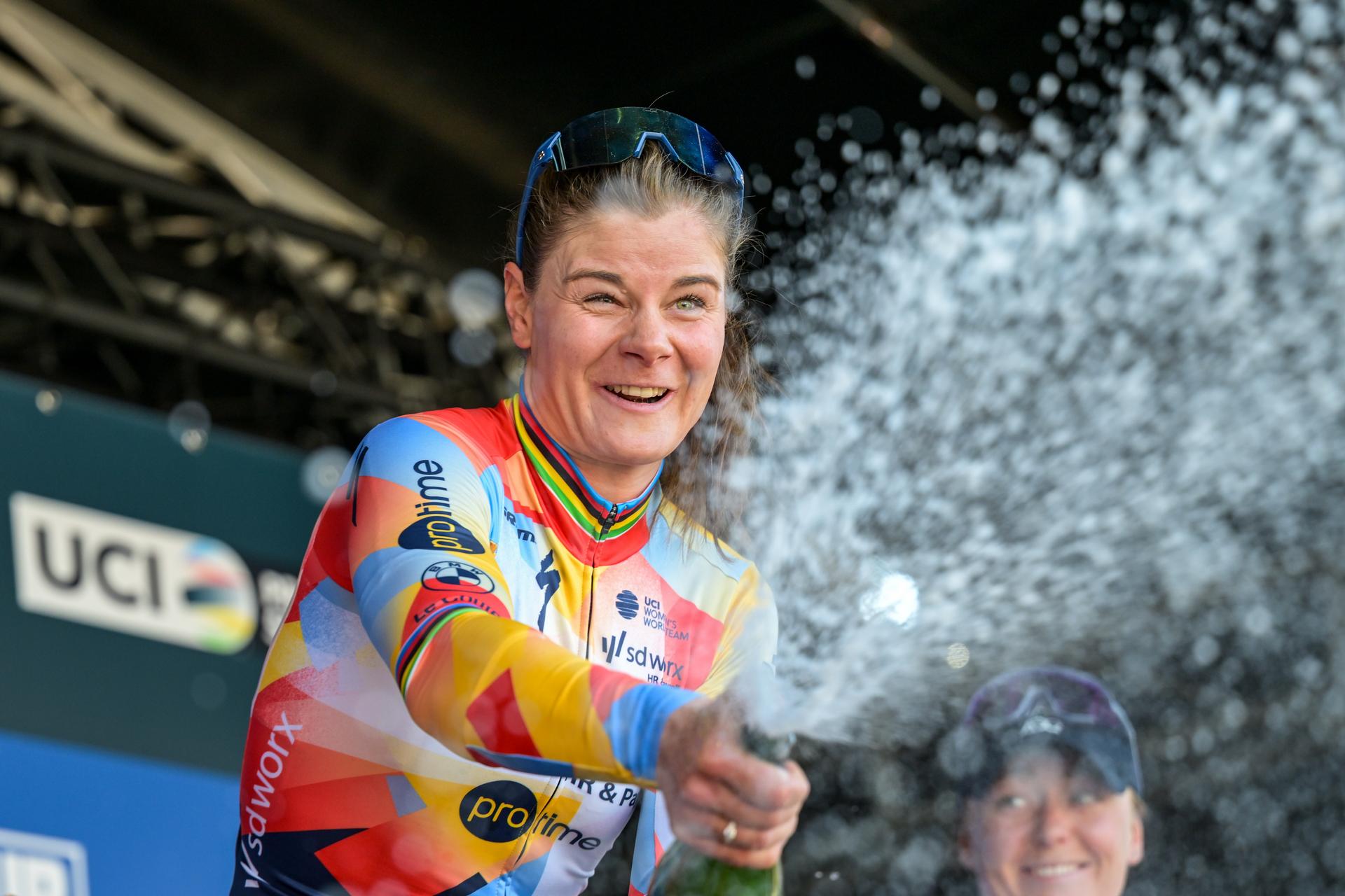 Belgian Lotte Kopecky celebrates on the podium after winning the 'Nokere Koerse' one day cycling race for women elite, 133,3km from Deinze to Nokere, Kruisem on Wednesday 18 March 2026. BELGA PHOTO DAVID PINTENS