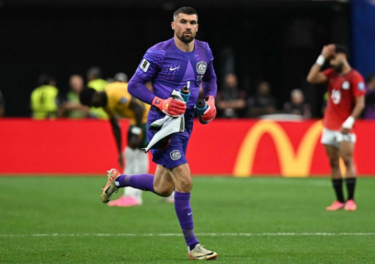 Australia's goalkeeper #01 Mathew Ryan enters the pitch during the 2026 World Cup round of 32 football match between Australia and Egypt at the Dallas Stadium in Arlington on July 3, 2026. Paul ELLIS / AFP