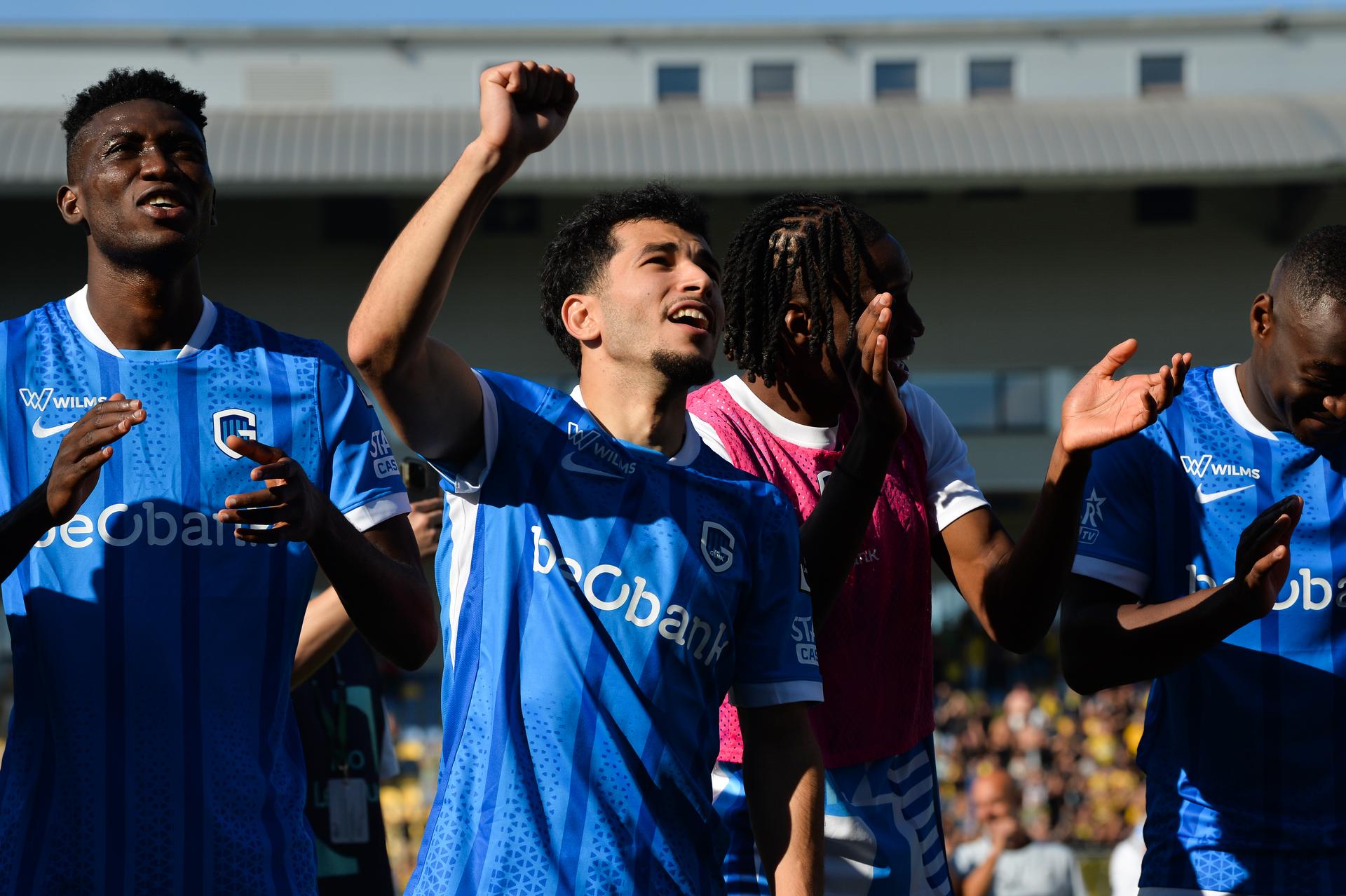 Genk's Zakaria El Ouahdi celebrates after winning a soccer match between Sint-Truidense V.V. and KRC Genk, Sunday 28 September 2025 in Sint-Truiden, on day 9 of the 2025-2026 'Jupiler Pro League' first division of the Belgian championship. BELGA PHOTO JILL DELSAUX