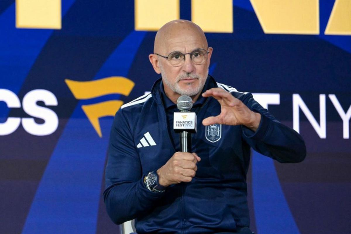 Spain's head coach Luis de la Fuente speaks to fans at the Javits Center in New York on July 17, 2026, two days ahead of the 2026 World Cup football tournament final match between Spain and Argentina. JUAN MABROMATA / AFP